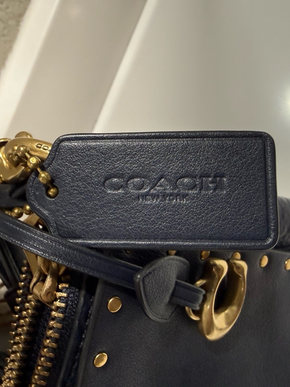 Coach Navy Leather Studded Crossbody with Gold Hardware - Picture 4 of 8